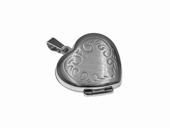 Silber Medaillon in Herzform mit elegantem Muster, rhodiniert, Hersteller: Juwelier Harnisch, ideal als persönliches Geschenk oder Schmuckstück für besondere Anlässe.
