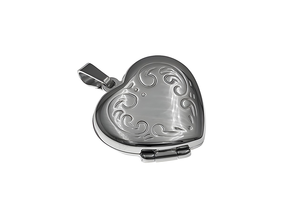 Silber Medaillon in Herzform mit elegantem Muster, rhodiniert, Hersteller: Juwelier Harnisch, ideal als persönliches Geschenk oder Schmuckstück für besondere Anlässe.