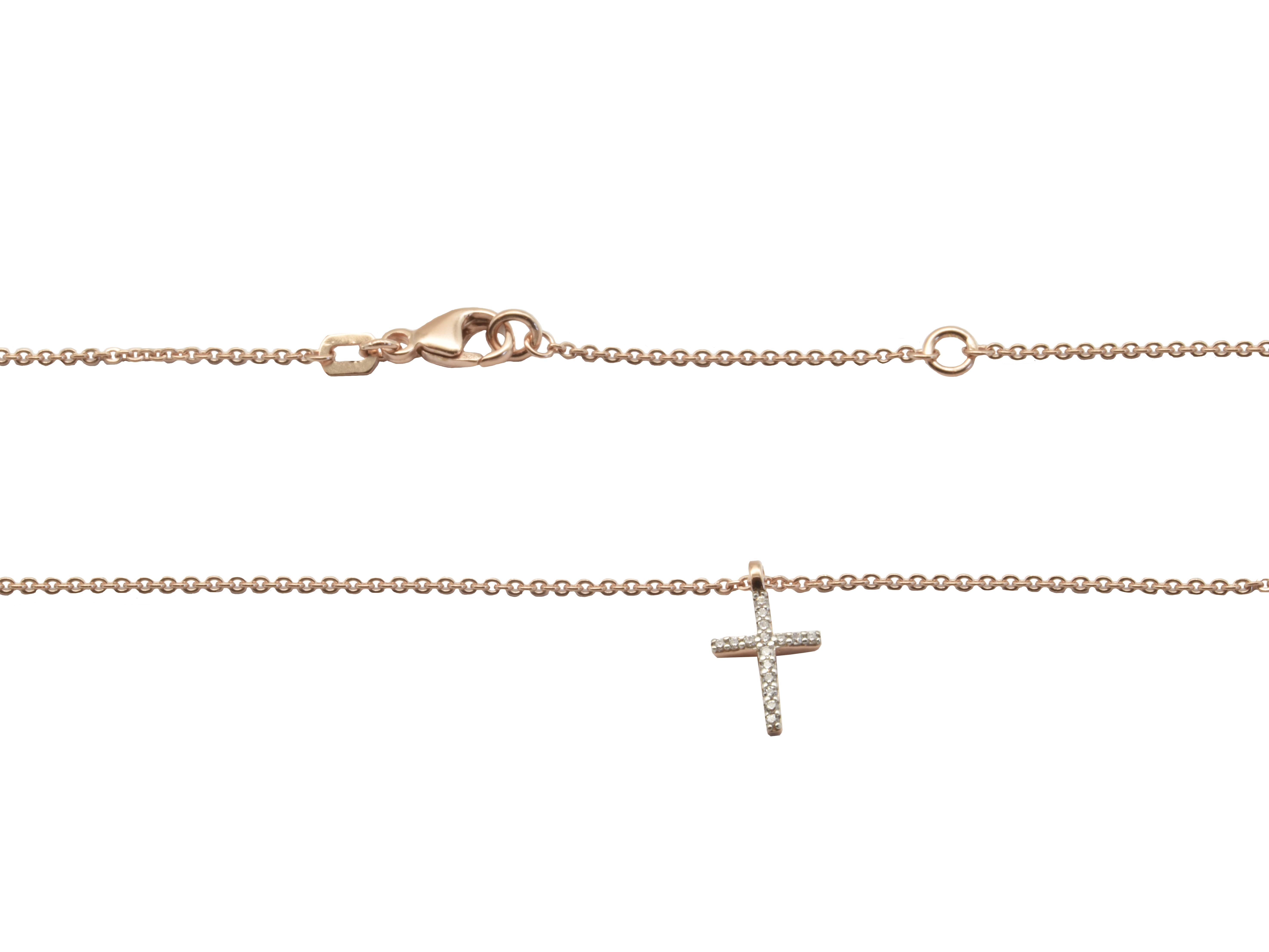 Kette Kreuz elegant aus Sterling Silber 925 vergoldet in Roségold poliert mit Zirkonia, Längen von 42 und 45 cm, hergestellt von Juwelier Harnisch, Mittelteil Colliers.