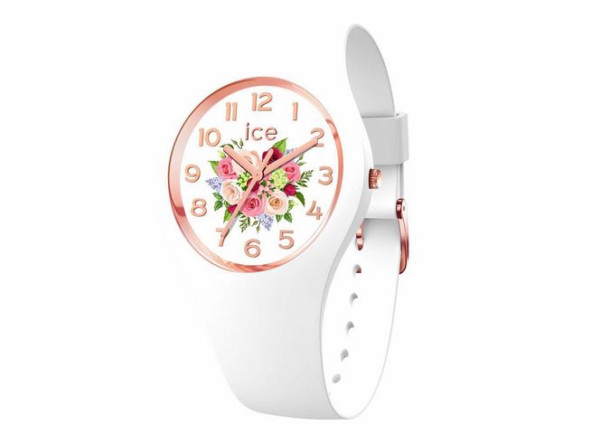Die Ice Watch ICE flower - White bouquet - Medium - 021742 zeigt eine elegante weiße Armbanduhr mit einem blumigen Ziffernblatt und roségoldenen Akzenten, perfekt für einen frischen Look.
