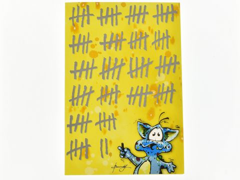 Eine gelbe Geburtstagskarte mit einer Strichliste in grauer Farbe und einem cartoonhaften blauen Wesen, das einen Stift hält. Ideal für Glückwünsche zum Geburtstag. Hersteller: Juwelier Harnisch.