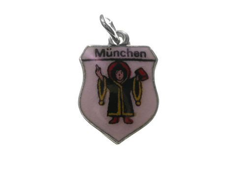 Silberanhänger mit Münchner Stadtwappen, dargestellt in farbiger Emaille, zeigt die Figur des Münchners mit Hammer, gefertigt von Juwelier Harnisch in Bayern.
