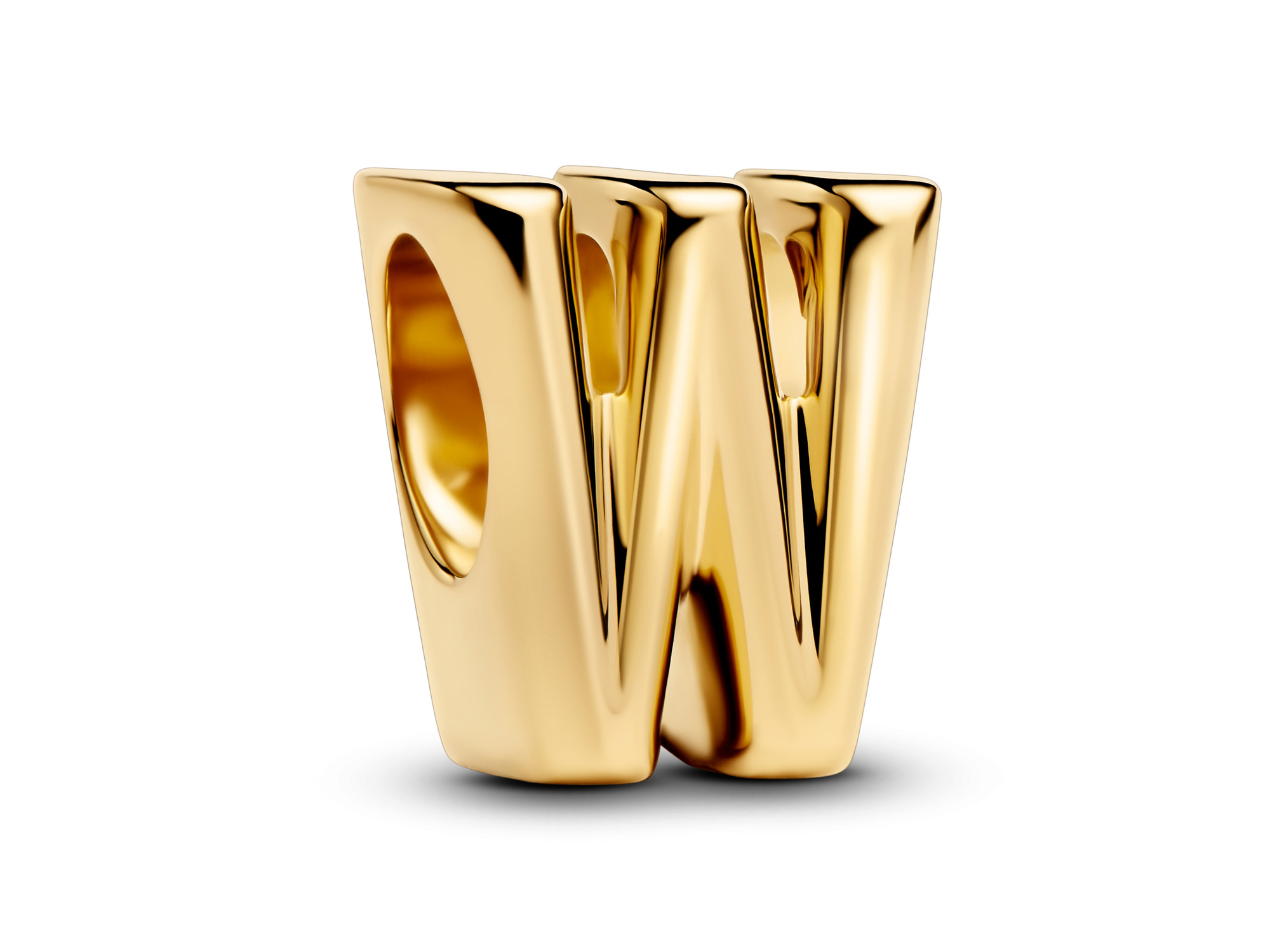 Buchstabe W aus gelbgold vergoldetem Material, elegant geformt mit einer glänzenden Oberfläche, ideal für Schmuckliebhaber und als individueller Akzent in jeder Schmuckkollektion.