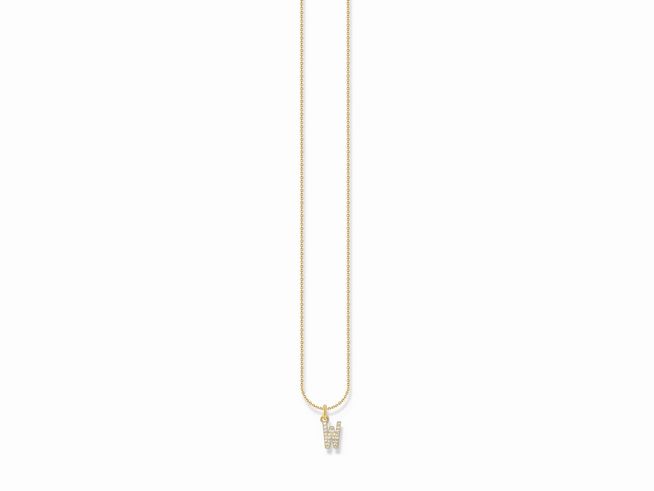 Kette von Thomas Sabo aus Silber mit vergoldetem Buchstaben W, verziert mit weißen Zirkonia, Länge von 38 bis 45 cm. Schmuckstück in elegantem Design.