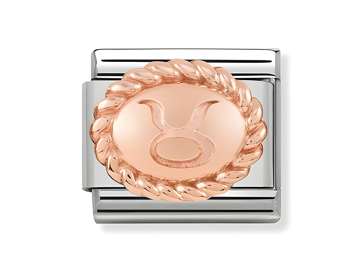 Ein ovales Rosé-Gold Medaillon mit dem Sternzeichen Stier, umgeben von einem Zopfdesign. Hersteller ist Nomination. Ideal für Schmuckliebhaber mit astrologischem Interesse.