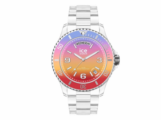 Eine ICE Watch ICE clear sunset mit einem farbenfrohen Zifferblatt von Orange bis Pink, transparentem Gehäuse und Armband sowie einem Datumsfenster zur Anzeige des Wochentages.