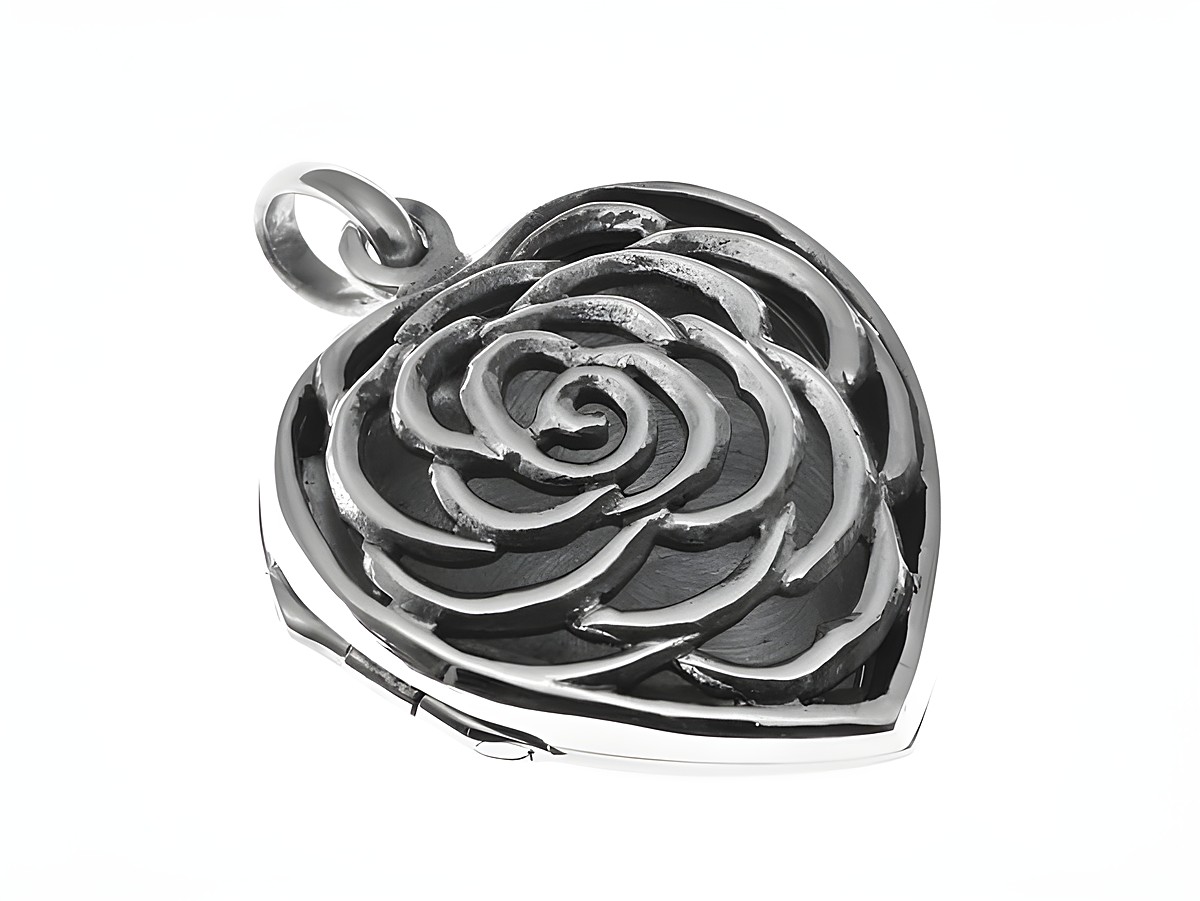 Medaillon Herz gewölbt aus Silber mit geschnörkelter Blume, Hersteller Juwelier Harnisch, detailreiche Rose im Design, ideal als Geschenk oder persönlicher Schmuck.