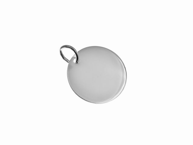 Runde Gravurplatte aus rhodiniertem Sterling Silber mit einem Durchmesser von 1,4 cm, schlichtes Design, Hersteller Juwelier Harnisch, ideal für individuelle Gravuren.