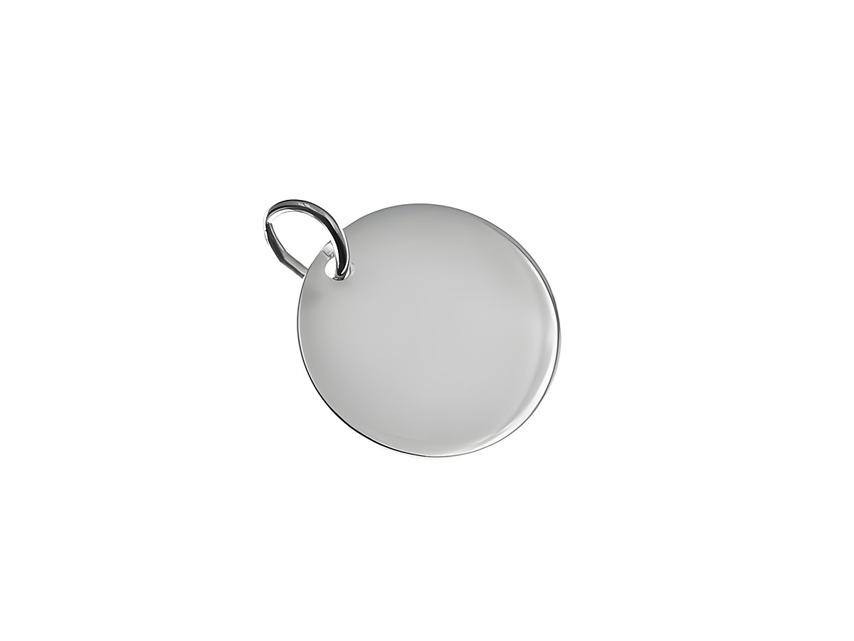 Runde Gravurplatte aus rhodiniertem Sterling Silber mit einem Durchmesser von 1,4 cm, schlichtes Design, Hersteller Juwelier Harnisch, ideal für individuelle Gravuren.