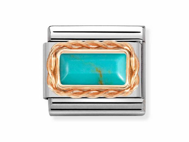 Classic Edelstahl Baguette-Schliff mit Kordelfassung in Roségold 375 und einem turkisfarbenen Edelstein, elegant und stilvoll in einem modernen Design von Nomination.
