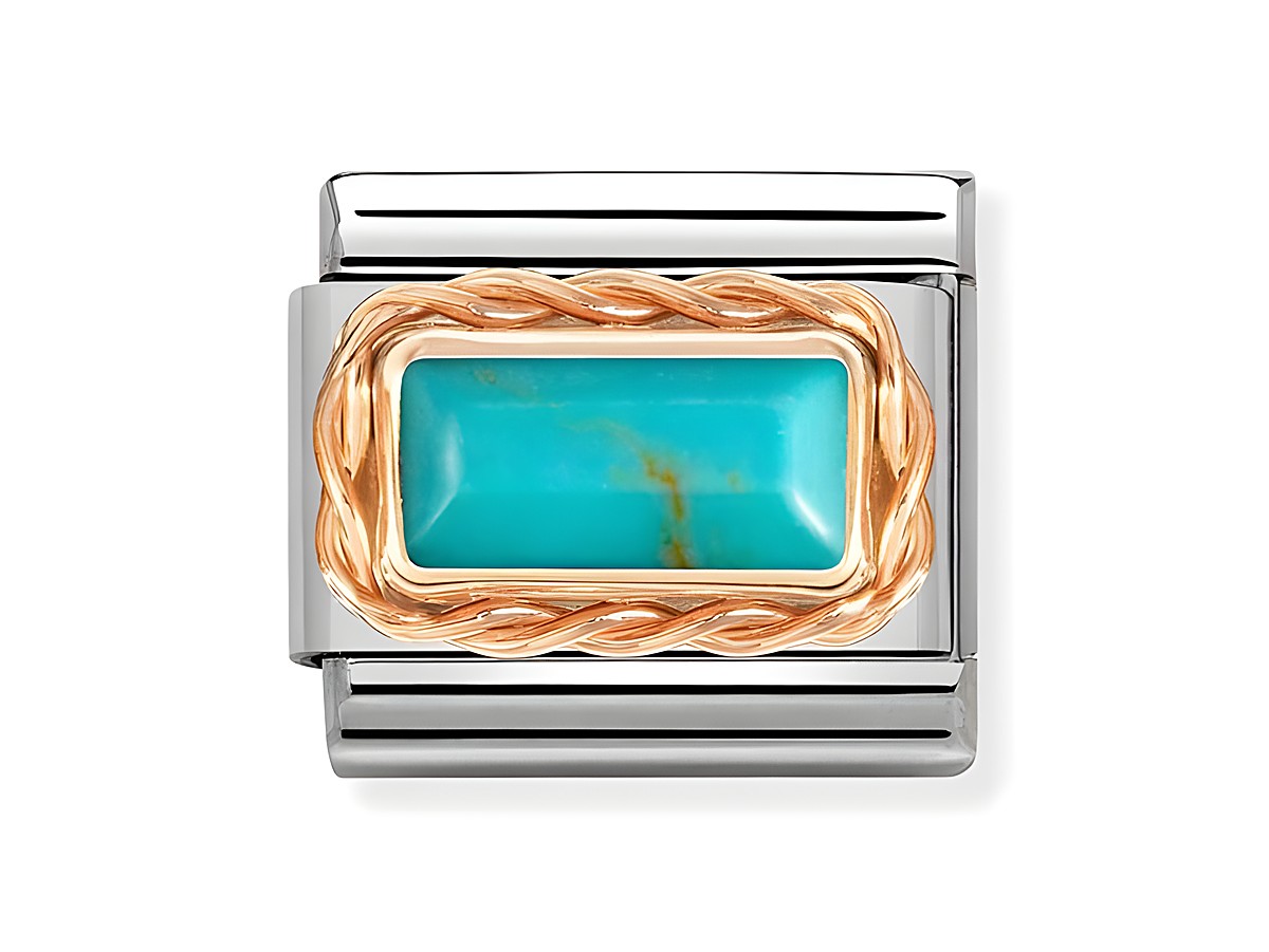Classic Edelstahl Baguette-Schliff mit Kordelfassung in Roségold 375 und einem turkisfarbenen Edelstein, elegant und stilvoll in einem modernen Design von Nomination.