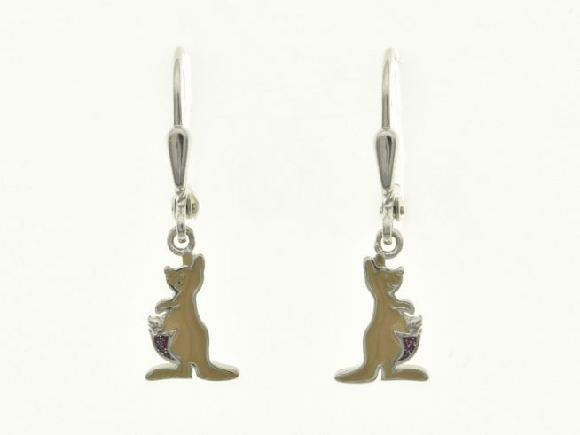 Känguru Ohrhänger aus Sterling Silber, rhodiniert mit Lack, ideal für Kinder, Hersteller: Juwelier Harnisch, liebevolles Design in Form von Kängurus.