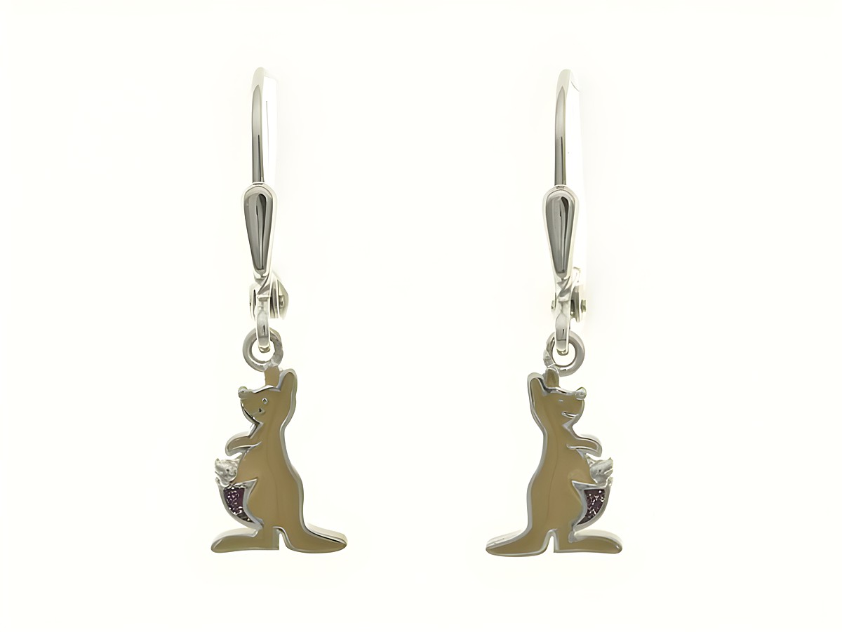 Känguru Ohrhänger aus Sterling Silber, rhodiniert mit Lack, ideal für Kinder, Hersteller: Juwelier Harnisch, liebevolles Design in Form von Kängurus.