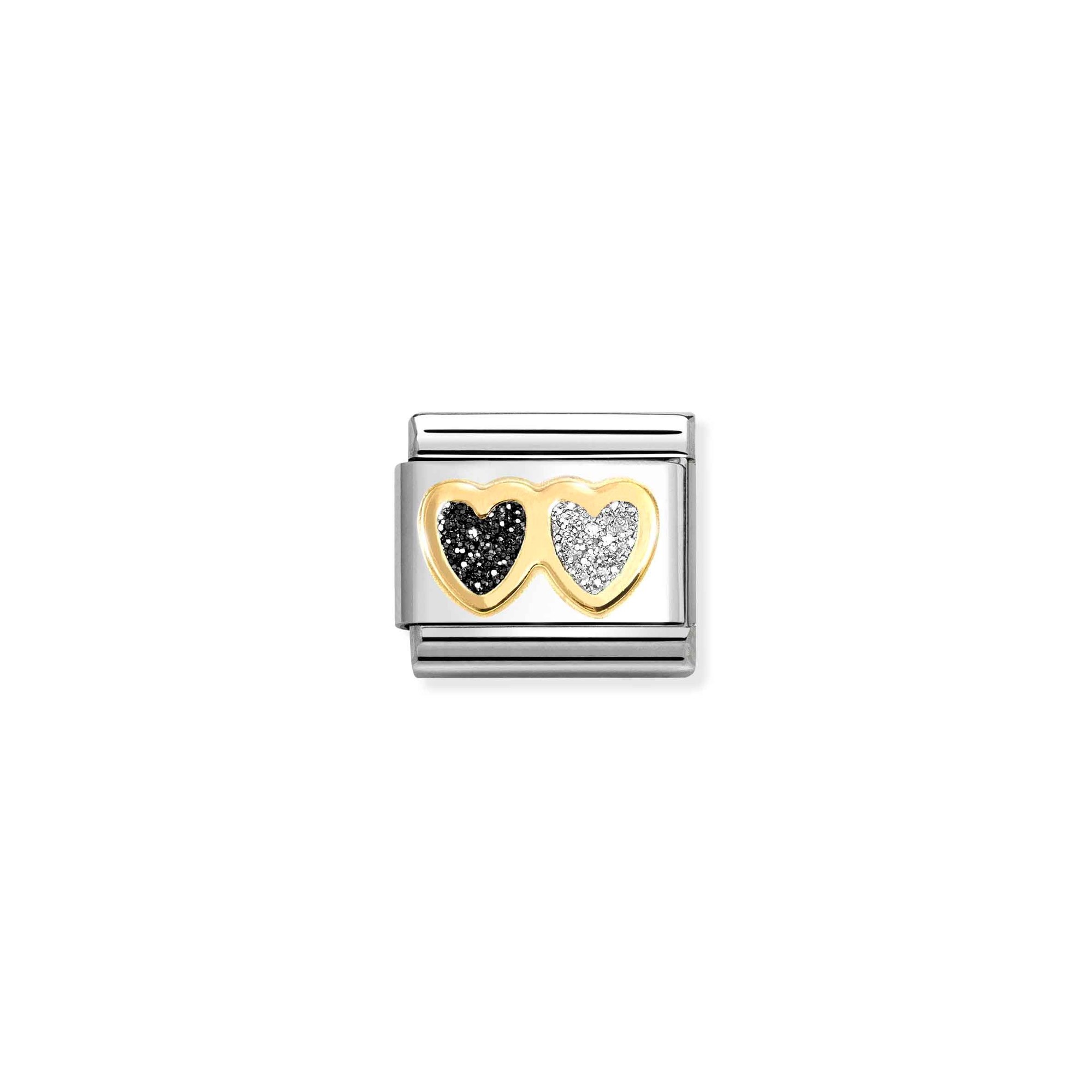 Nomination Composable Classic Charm Doppelherz schwarz silber - Edelstahl, Gold 750, Zirkonia