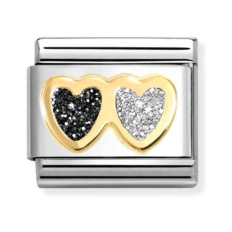 Nomination Composable Classic Charm Doppelherz schwarz silber - Edelstahl, Gold 750, Zirkonia
