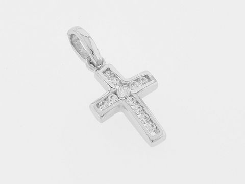 Kreuz Silber Anhänger zart funkelnd rhodiniert mit Zirkonia vom Hersteller Juwelier Harnisch, sorgfältig gearbeitet und mit ansprechendem Muster.