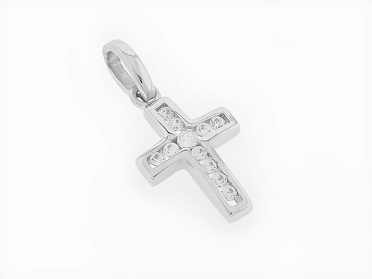 Kreuz Silber Anhänger zart funkelnd rhodiniert mit Zirkonia vom Hersteller Juwelier Harnisch, sorgfältig gearbeitet und mit ansprechendem Muster.