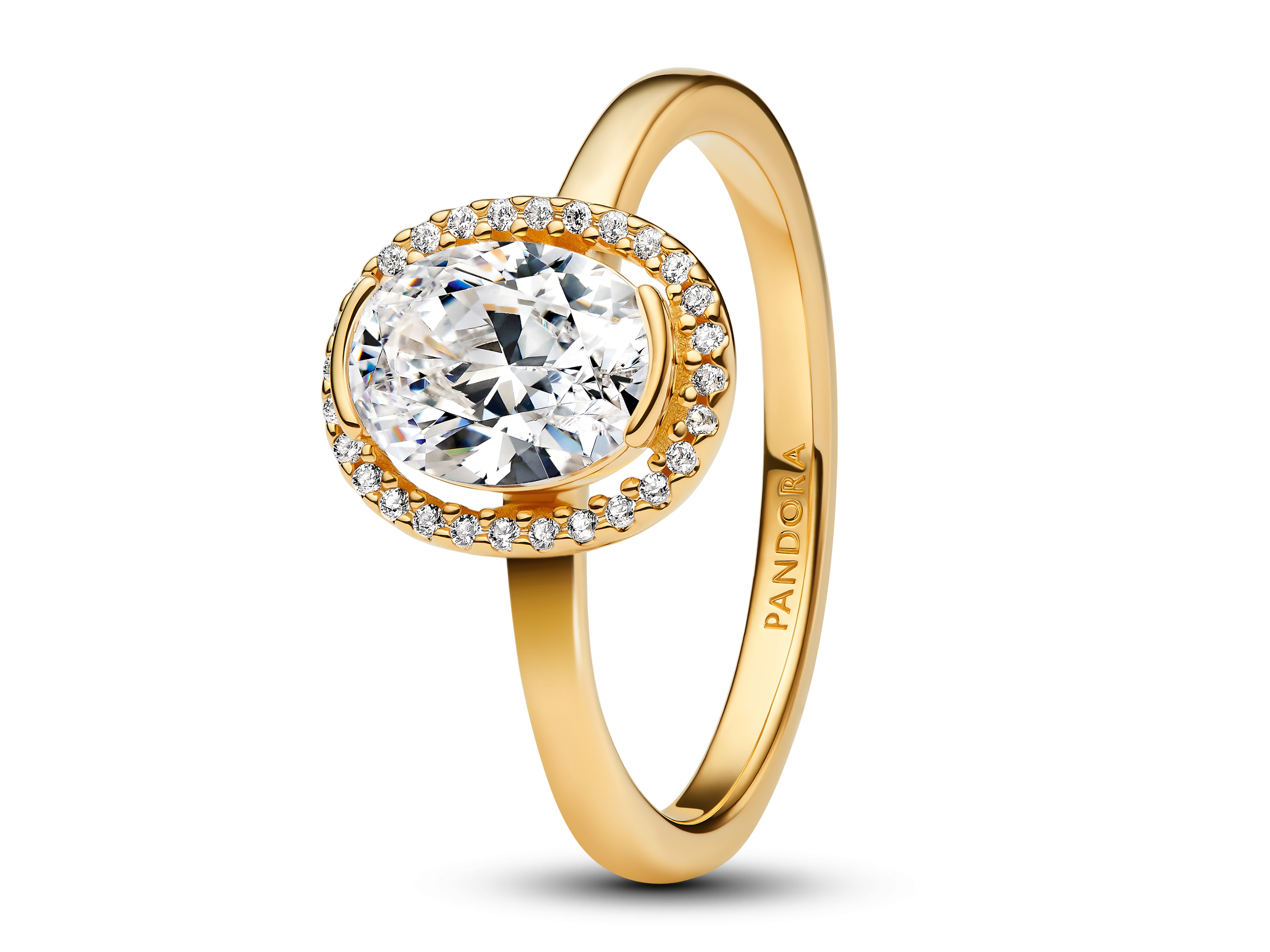 Ovaler Halo Ring von Pandora in Gelbgold Vergoldung mit funkelndem Zirkonia und umlaufendem Kristallrand, Größe 48, elegantes Design für besonderen Anlass.