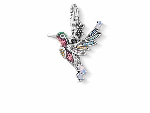 Silber Charm-Anhänger in Form eines Kolibri-Vogels von Thomas Sabo, verziert mit bunten Steinchen und filigranen Details, ideal für Tierliebhaber und Schmuckenthusiasten.