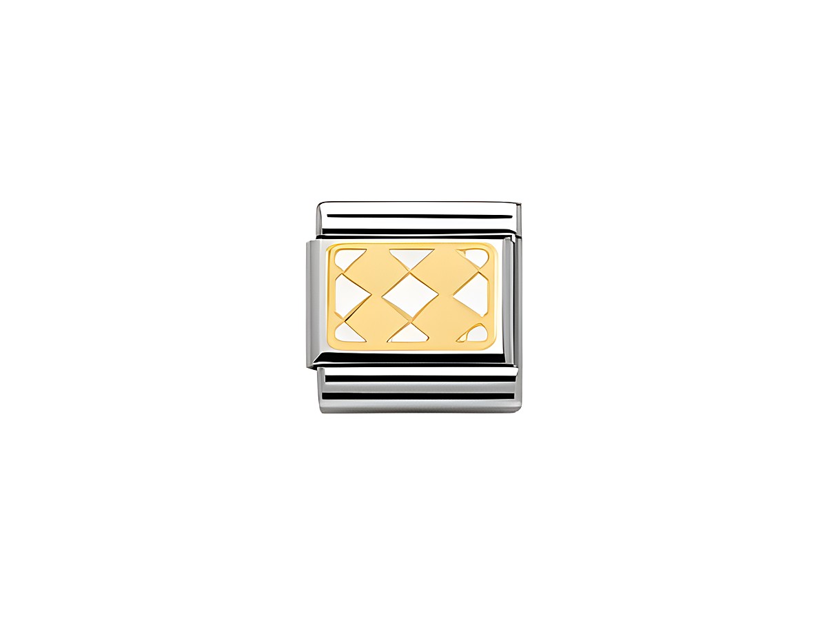 Bicolor Charm aus der Elegance Collection von Nomination, Modell Classic ELEGANCE 030280 19, mit vier Rhomben aus weißer Emaille auf gelbem Hintergrund, elegantes Design.