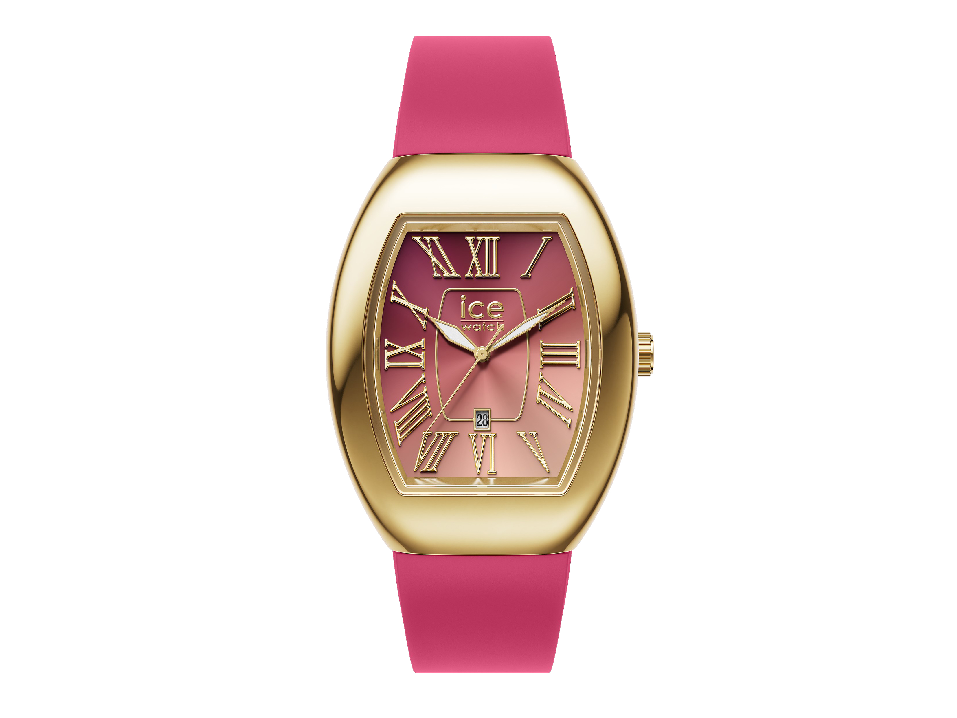 Ice Watch 024050 ICE boliday Uhr in Pink mit goldfarbener Gehäuse und römischen Ziffern, sportlich-elegantes Design mit Datumsanzeige, ideal für modische Akzente im Alltag.