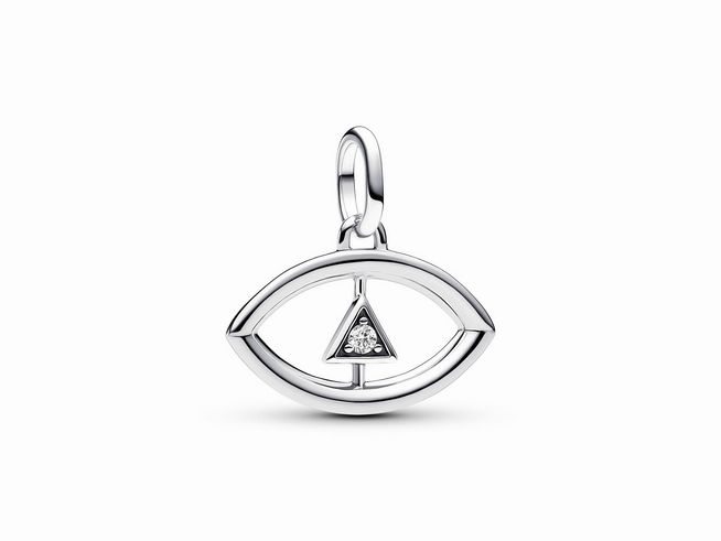 Charm in Form eines Auges aus Sterling Silber mit klarem Zirkonia im Inneren. Der Anhänger zeigt ein stilisiertes Design und ist Teil der Pandora ME Kollektion.