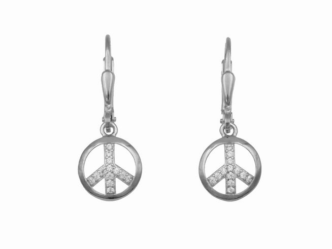 Ohrringe Ohrhänger Peace Symbol aus rhodiniertem Sterling Silber mit funkelndem Stein, hergestellt von Juwelier Harnisch, elegantes Design für modische Akzente.