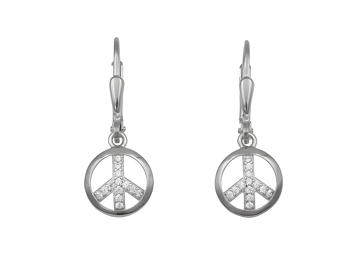 Ohrringe Ohrhänger Peace Symbol aus rhodiniertem Sterling Silber mit funkelndem Stein, hergestellt von Juwelier Harnisch, elegantes Design für modische Akzente.