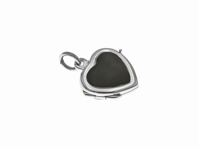 Medaillon in Form eines Onyx Herzens aus Sterling Silber mit einem Durchmesser von 18 mm, elegant und zeitlos, hergestellt von Juwelier Harnisch, ideal für persönliches Tragen oder als Geschenk.