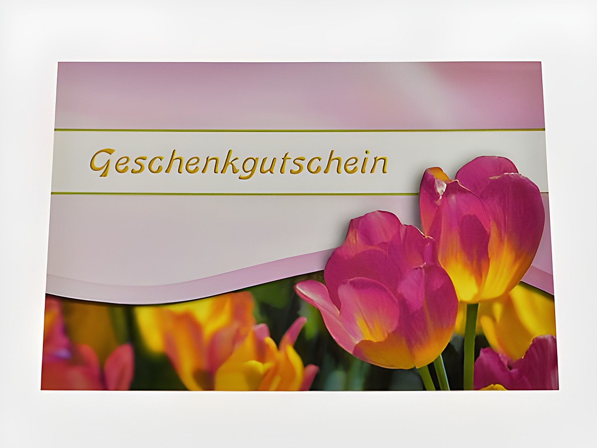 Gutscheinkarte mit bunten Tulpenmotiv und der Aufschrift Geschenkgutschein, Hersteller Juwelier Harnisch. Ideal als Geschenk für besondere Anlässe.