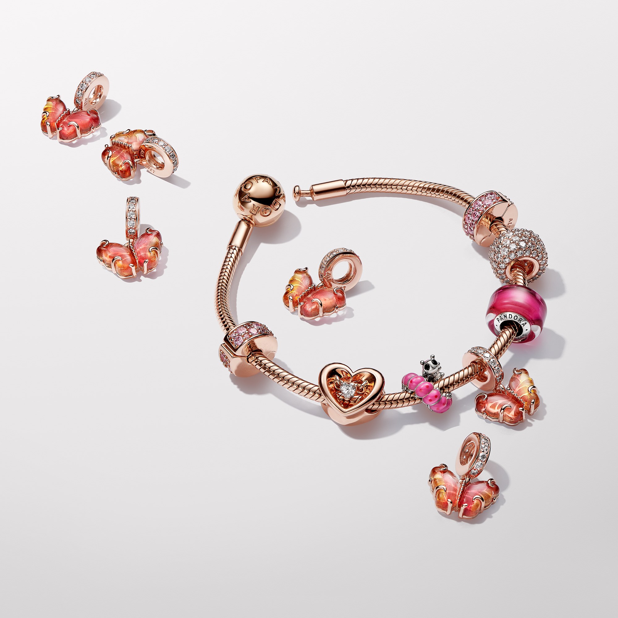 Pandora Rosafarbener & Gelber Murano-Glas Schmetterling Charm - Roségold verg. - Zirkonia Pink – Ansicht 3