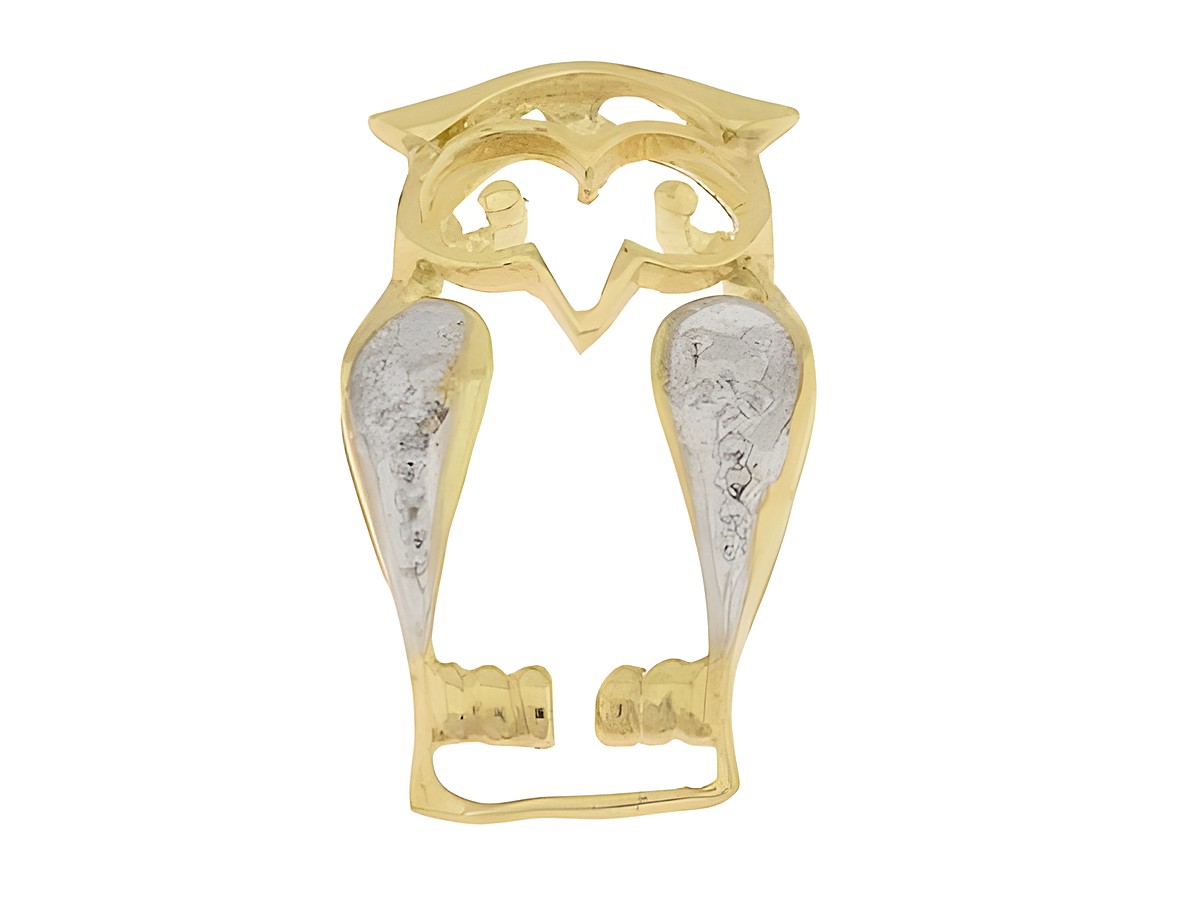 Eule Uhu Anhänger aus 333 Gold bicolor, fein verarbeitet, mit einer Größe von ca. 1,8 cm, hergestellt von Juwelier Harnisch, stilvolles Tierdesign.
