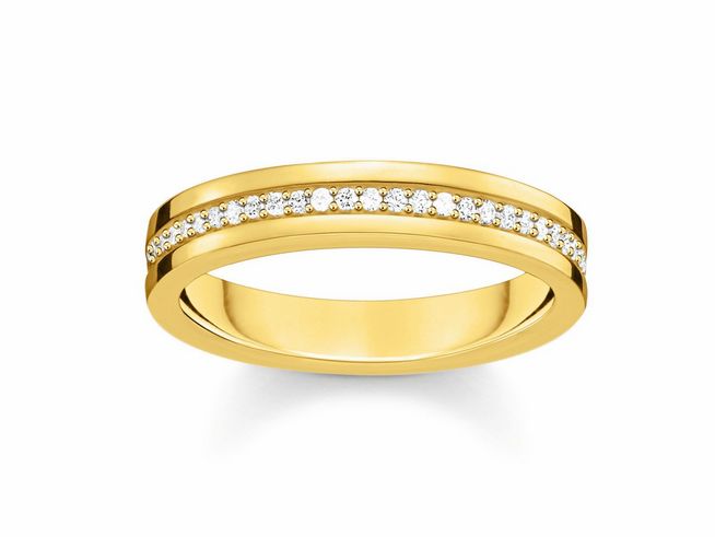 Silber vergoldeter Bandring von Thomas Sabo mit Zirkonia in Weiß, Größe 56, schlichtes Design mit funkelndem Zirkonia entlang der Mittelreihe.