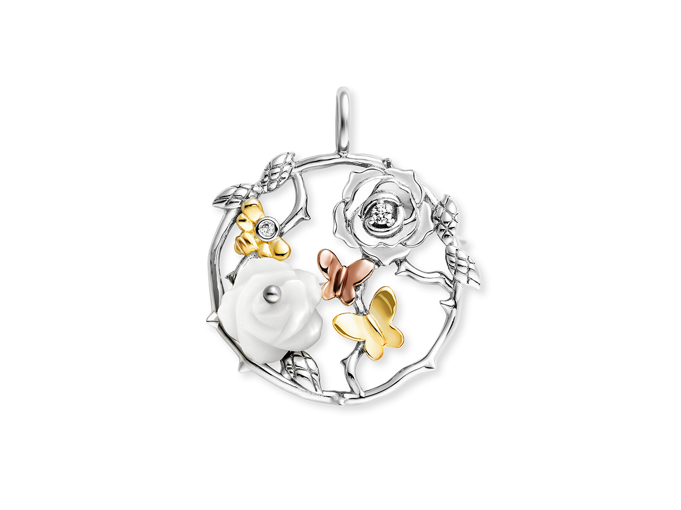 Tricolore Anhänger von Engelsrufer mit einer Rose aus Perlmutt und Zirkonia, verziert mit zwei bunten Schmetterlingen und Blättern, ideal als Kette.