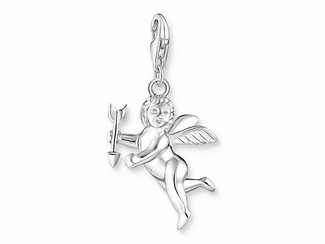 Charm eines Amor Engels aus Sterling Silber mit Flügeln, der einen Bogen mit Pfeil hält und an einem Karabinerhaken befestigt ist, ideal für Schmuckliebhaber.