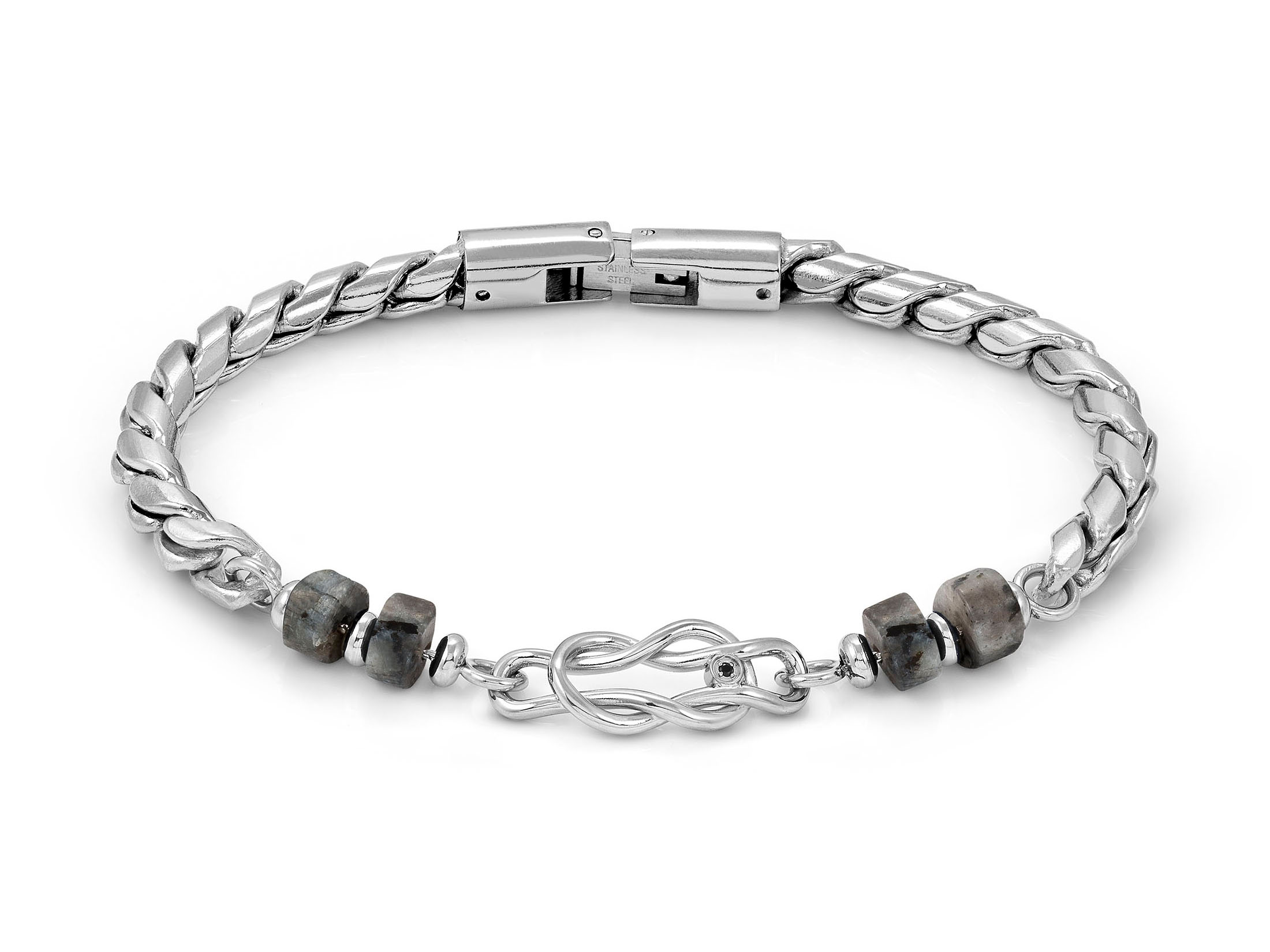 Armband von Nomination ATLANTE STONES EDITION in der Farbe grauer Jaspis, ausgestattet mit einem geflochtenen Metallband und einem dekorativen Knotenverschluss, Größe 19,5 bis 23 cm.
