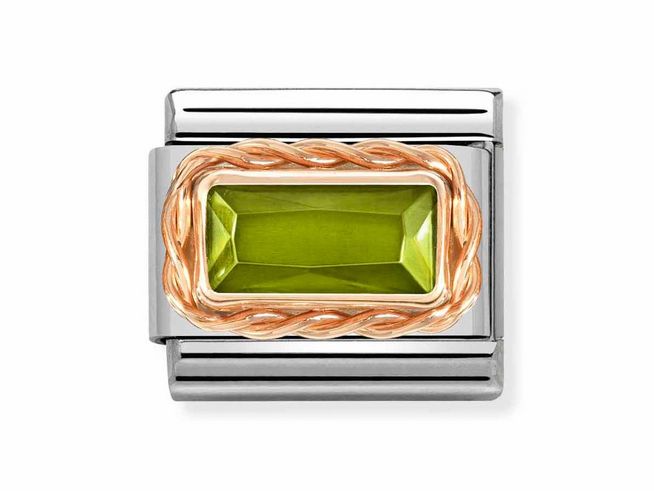 Roségold Classic Edelstahlarmband mit Zirkonia in Hellgrün, umrahmt von einer roségoldenen Struktur, glänzendes Design für eleganten Schmuck.