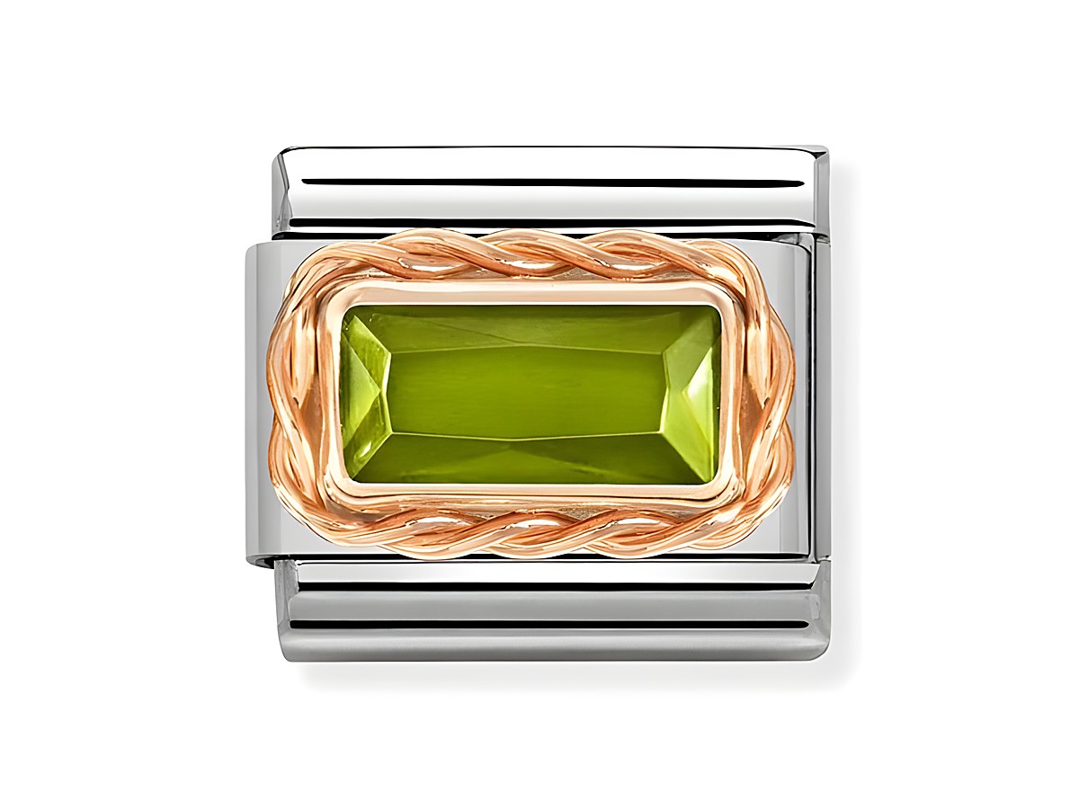 Roségold Classic Edelstahlarmband mit Zirkonia in Hellgrün, umrahmt von einer roségoldenen Struktur, glänzendes Design für eleganten Schmuck.