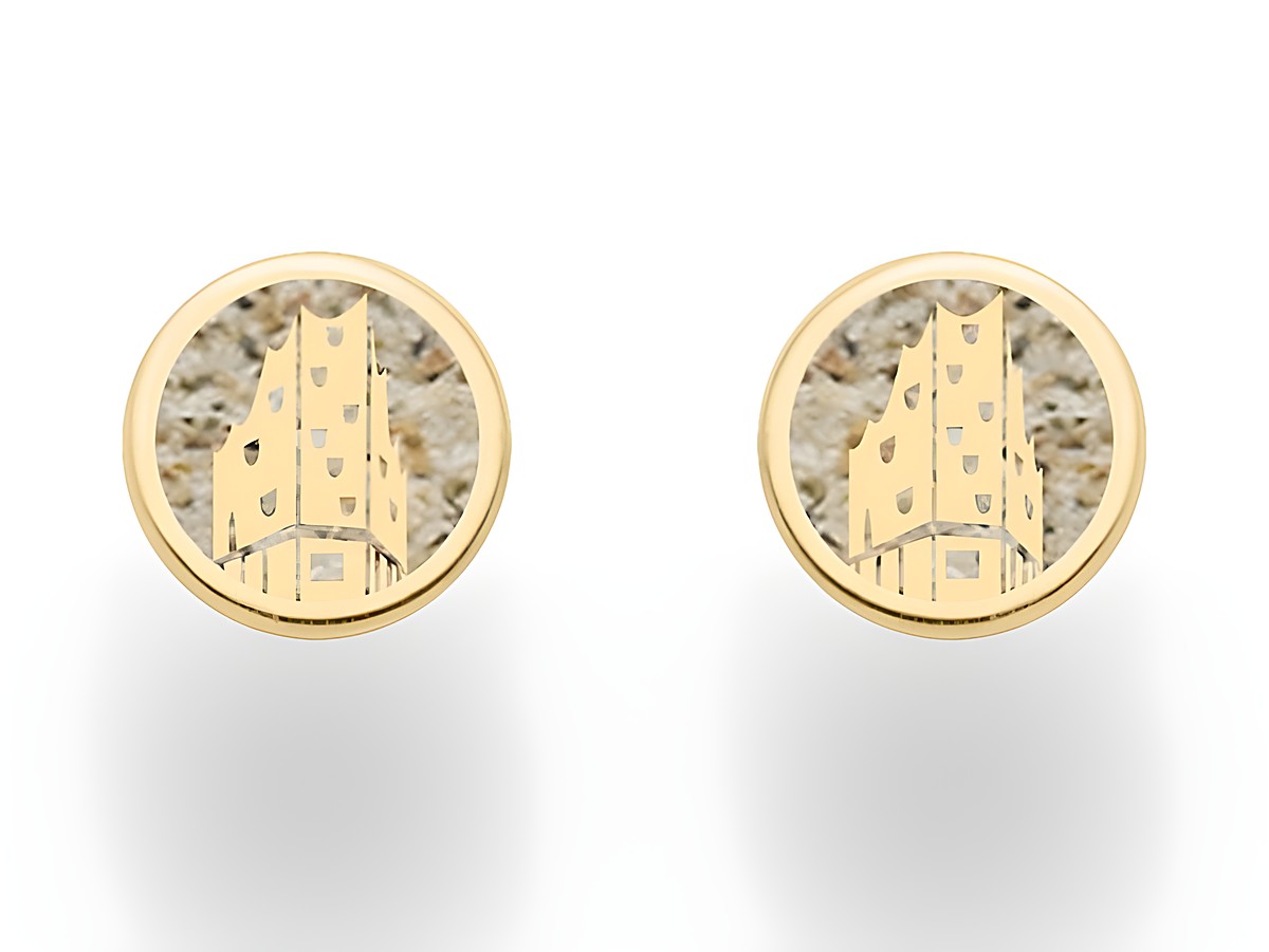 DUR Ohrring Hamburg Elphi mit Strandsand O5410 aus Sterling Silber mit Gelbgold Vergoldung, runde Form mit stilisierter Elbphilharmonie Darstellung, elegantes Design für einen besonderen Anlass.
