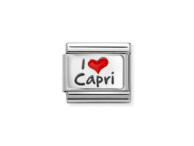 Silberner Charm mit der Aufschrift I love Capri in schwarzer Schrift und einem roten Herzen, aus Edelstahl und Emaille, von Nomination, stilvolles Design.