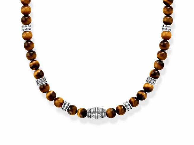 Silberne Kette von Thomas Sabo mit geschwärzten Elementen und braunen Tigerauge-Steinen, 50 cm lang, elegantes Design für modebewusste Träger.