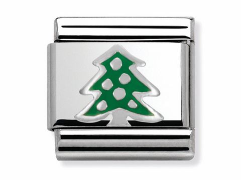 Silberner Charm von Nomination mit klassischem Tannenbaum-Motiv, grün emailliert, auf glänzendem Hintergrund, ideal als festlicher Schmuck für Armbänder.
