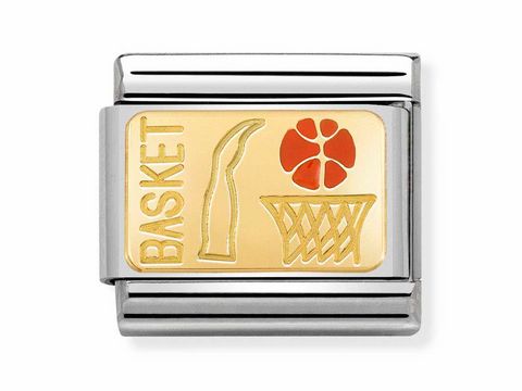 Emaillierter und goldfarbener Anhänger mit dem Aufdruck Basket, einer Basketballkurve und einem Ball, passend für das Nomination Classic Armband. Ideal für Basketballfans.