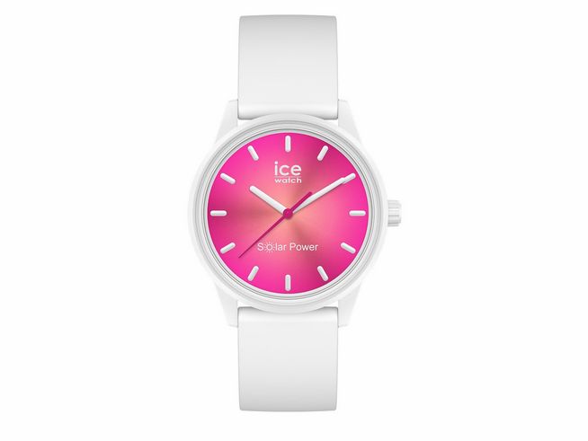 Einfache ICE WATCH ICE Solar Power in sanftem Korallenrot mit einem weißen Silikonarmband und einem runden Gehäuse. Zifferblatt mit minimalistischen Indexen und Zeigern.