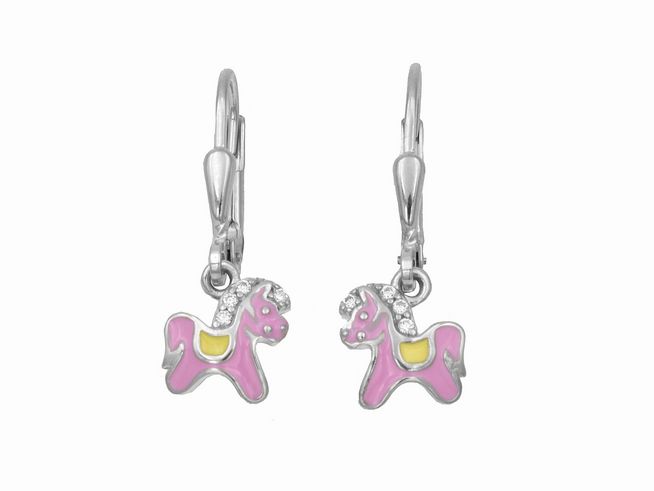 Ohrhänger in Form von Pferden aus rhodiniertem Sterling Silber, poliert. Zierteil in Pink mit gelben Akzenten und funkelnden Zirkonia, ideal für Kinder.