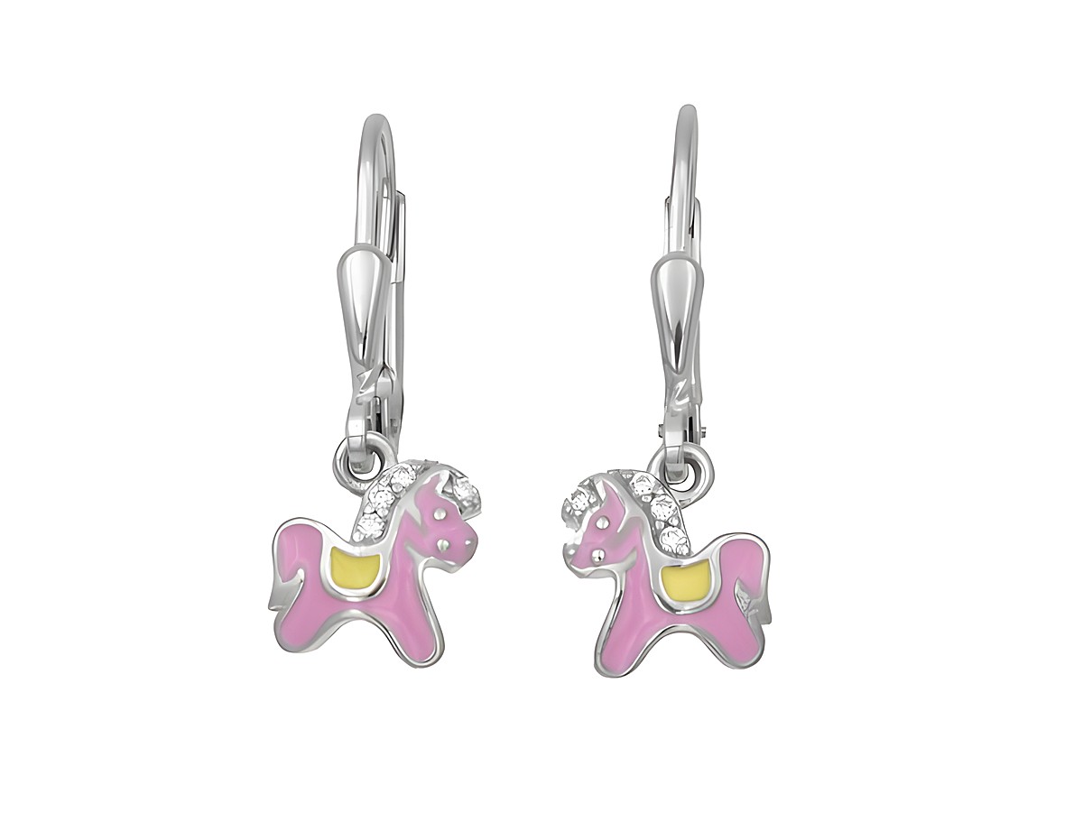 Ohrhänger in Form von Pferden aus rhodiniertem Sterling Silber, poliert. Zierteil in Pink mit gelben Akzenten und funkelnden Zirkonia, ideal für Kinder.