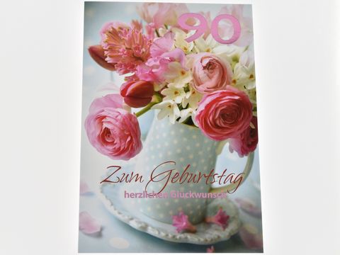 Geburtstagskarte mit einem bunten Blumenstrauß aus rosa und weißen Blumen in einem eleganten Krug, verziert mit Punkten, mit der Aufschrift zum Geburtstag und herzlich Glückwünsche, Hersteller Juwelier Harnisch.