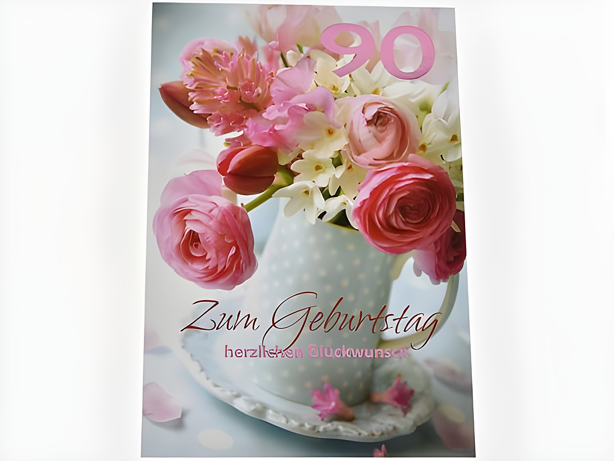 Geburtstagskarte mit einem bunten Blumenstrauß aus rosa und weißen Blumen in einem eleganten Krug, verziert mit Punkten, mit der Aufschrift zum Geburtstag und herzlich Glückwünsche, Hersteller Juwelier Harnisch.