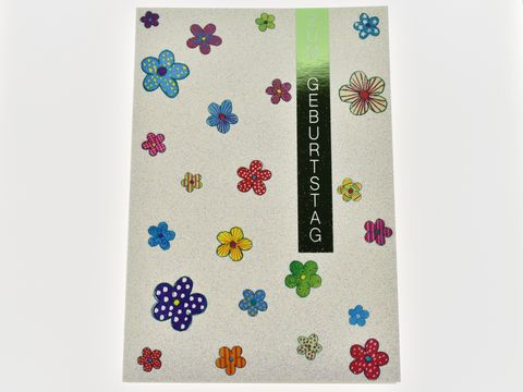 Bunte Geburtstagskarte mit unterschiedlichen fröhlichen Blüten in verschiedenen Farben und Mustern, Hersteller Juwelier Harnisch, ideal zum Verschenken für Geburtstage.