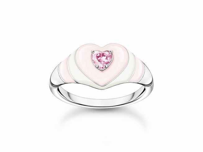 Silberner Ring von Thomas Sabo mit pinkfarbener Emaille und Zirkonia im Herzdesign, Größe 56, feminin und elegant, ideal für romantische Anlässe.